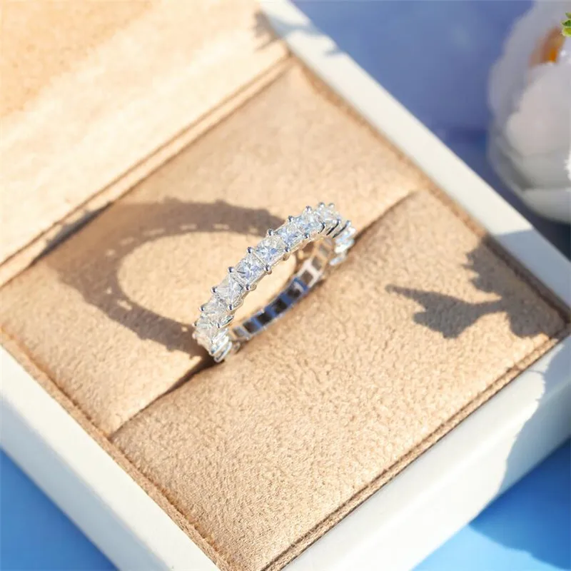 

Classic Fine Jewelry 925 Sterling Silver Full Princess Cut White Topaz CZ Diamond Gemstones Popular Women Wedding Band Ring
