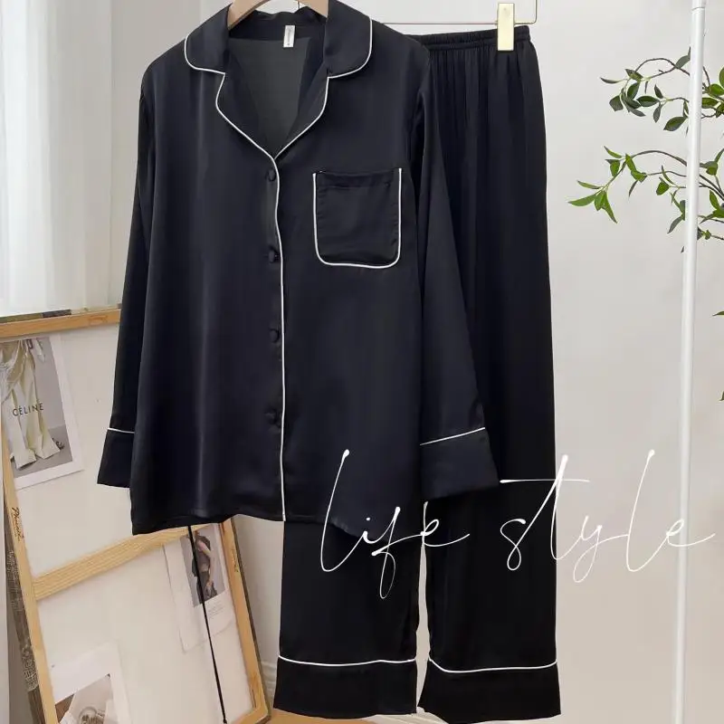 Комплект пижамный атласный женская одежда для сна на пуговицах с лацканами