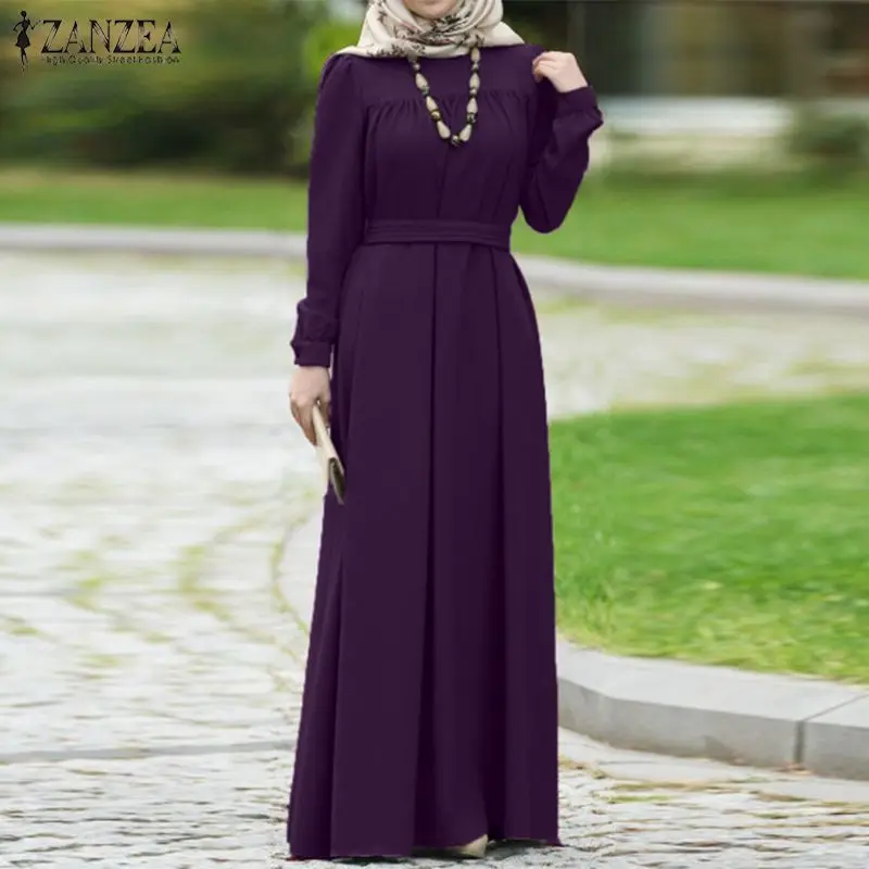 ZANZEA Women Autumn Dress Casual Long Sleeve Solid Maxi Long Vestido Kaftan Abaya Dubai Hijab Muslim Dress Loose Sundress S-