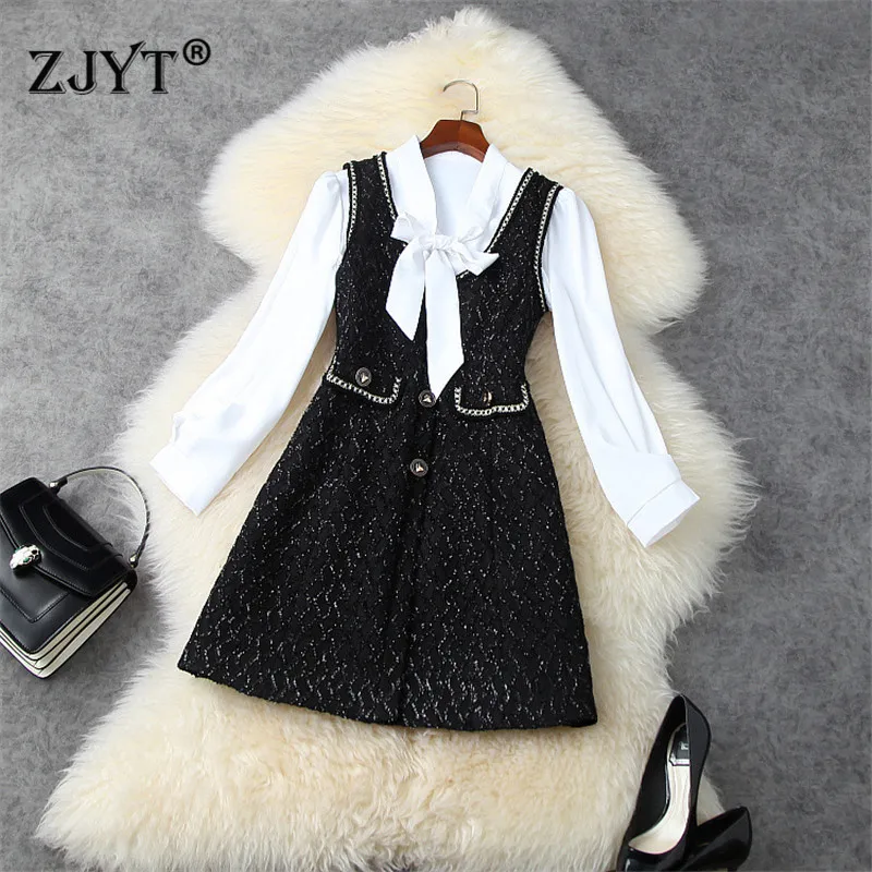 

Elegant Long Sleeve Bow Collar White Shirt and Tank Tweed Woolen Dress 2 Piece Suit Women Fashion Spring Clothes Office Vestidos