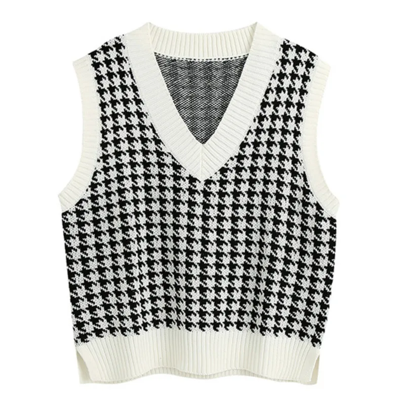 

Women Sweater Vest V Neck Sleeveless Side Vents Loose Female Waistcoat Oversize Knitted Sweaters Chic Tops Houndstooth Sweater