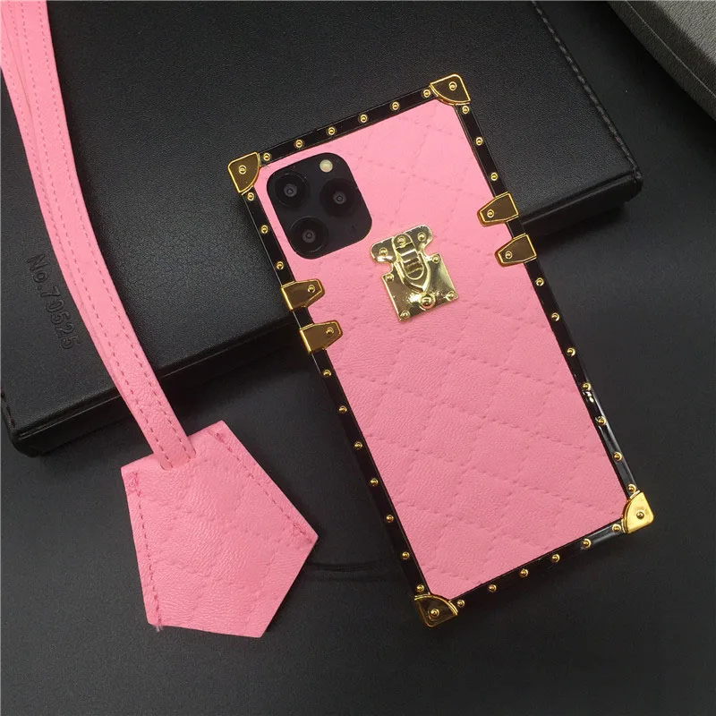 Pink with Lanyard Роскошный квадратный чехол в клетку для iphone 11 PRO XS MAX X XR 6 6S 7 8 чехол для телефона s для samsung S10 Lite S10E S8 S9 Plus Note 10 9 - Цвет: Pink with Lanyard