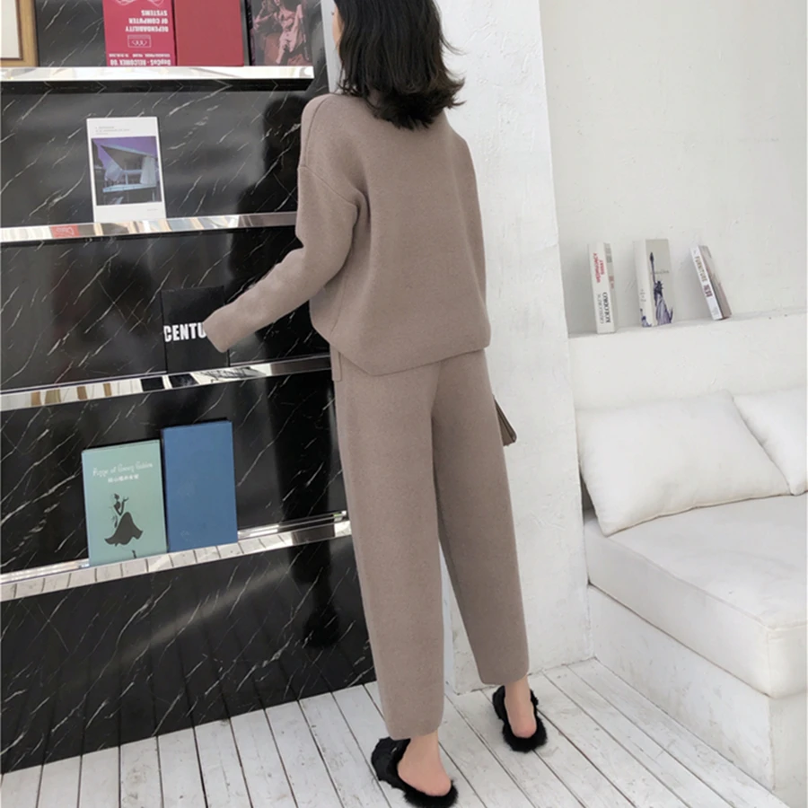 Autumn Winter Knitted Set Women Thick Warm O-Neck Loose Knit Suit Slim Pocket Harem Pants Oversized Casual Elegant Black Clothes
