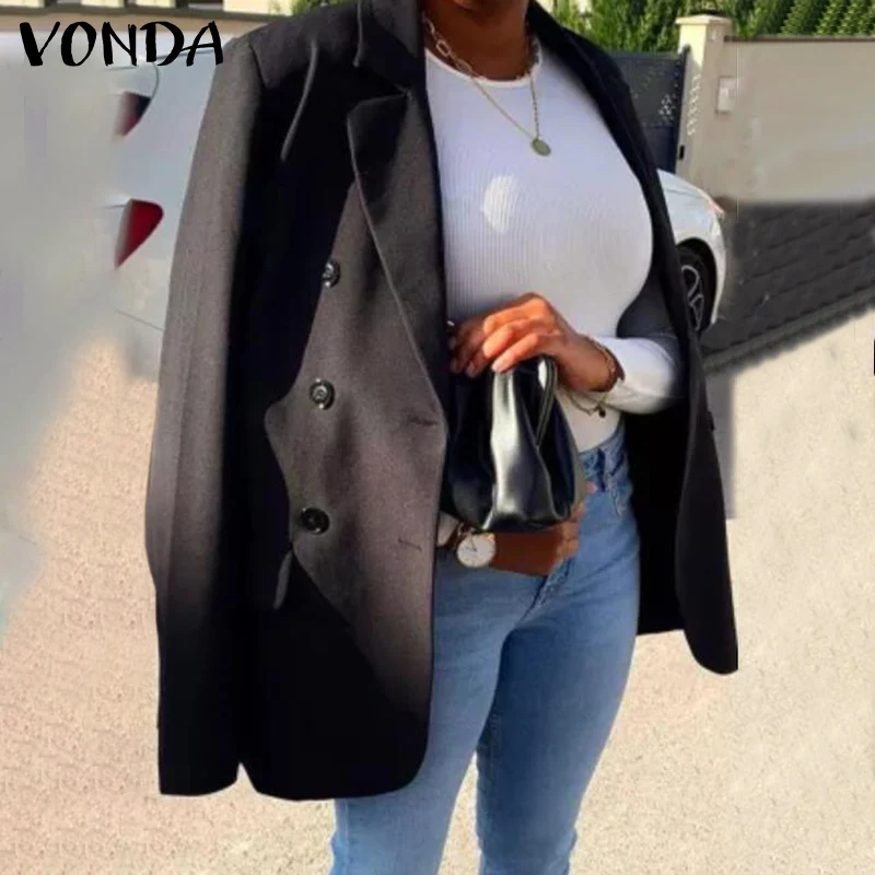 

VONDA 2021 Autumn Blazer Women Casual Button Office Suit Blazer Ladies 3 Colors Long Sleeve Turn Down Collar Black Outerwear