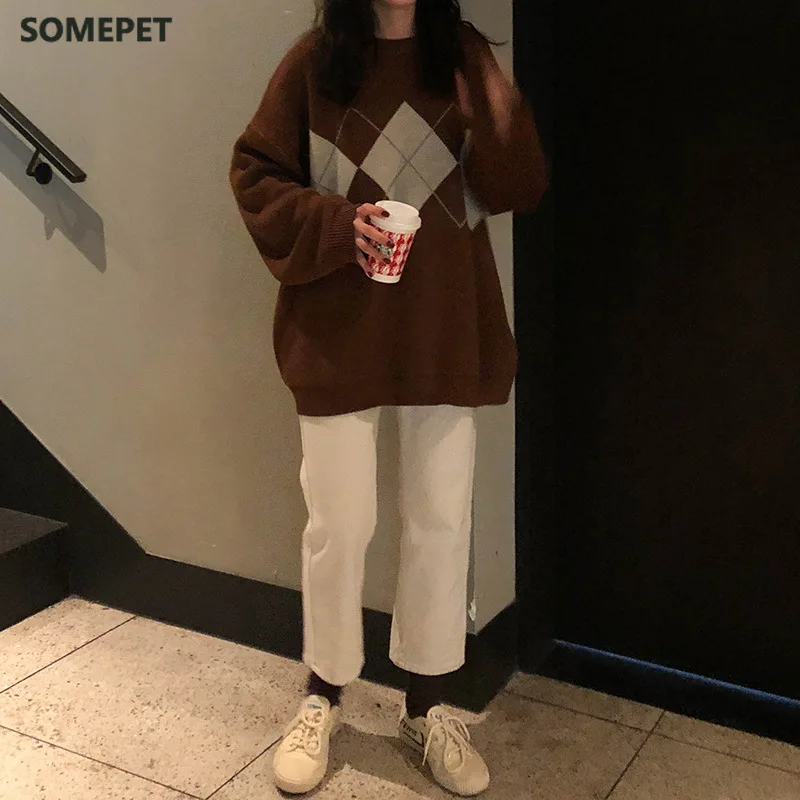 

Korean College Style Autumn Winter Geometric Pattern Argyle Pullovers Loose Oversized O-Neck Knitted Sweaters Woman Jumper