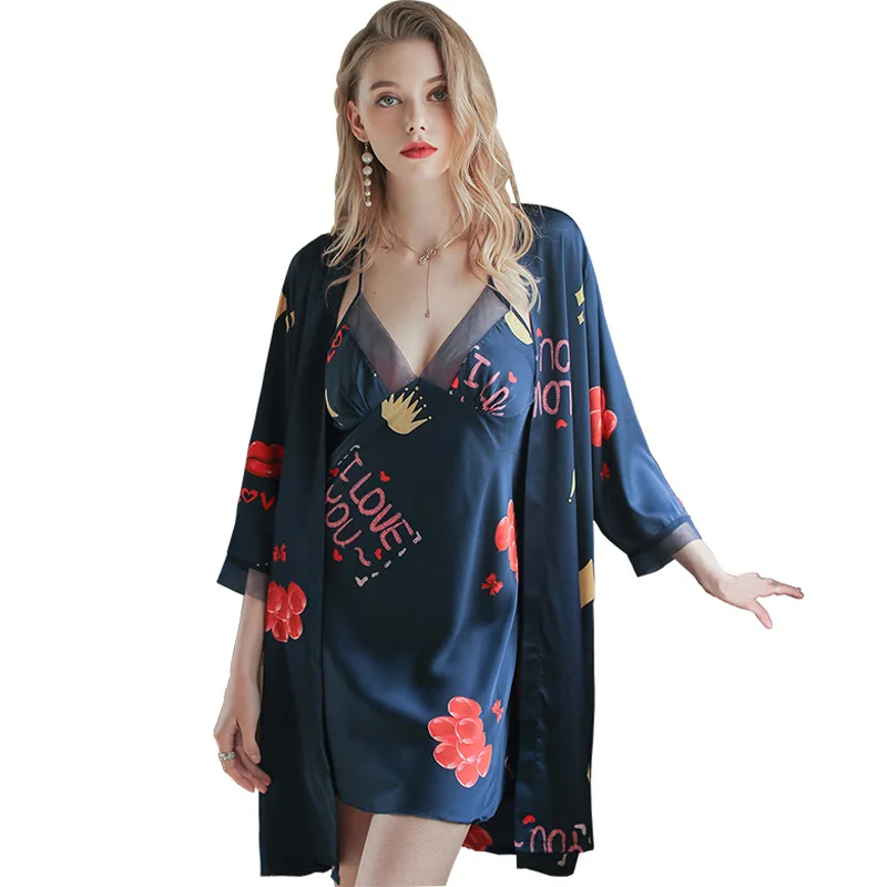 

Navy Blue 4PCS Pajamas Suit With Shorts Satin Women Pyjamas Pour Femme Lace Trim Print Kimono Robe Gown Sets Summer Sleepwear