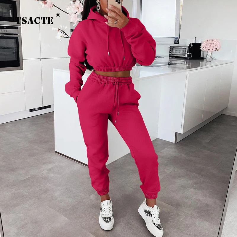 

Two-Piece Casual Suit Plus Fleece Hooded Sweater Winter New Cropped Top Trousers Set Tracksuit Women's Clothes Autumn Sportswear