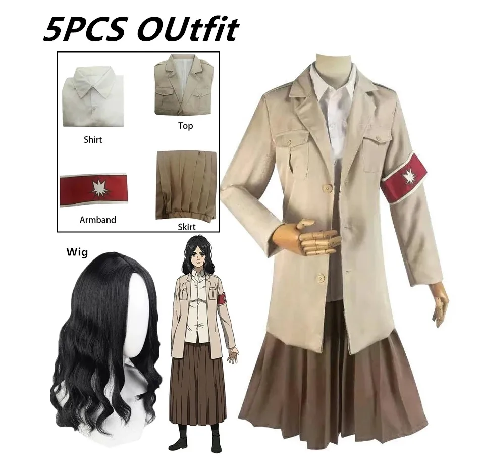 

Attack on Titan Shingeki no Kyojin AOT Pieck Finger Cosplay CostumeLong Black wigs Uniform Skirt Outfits Halloween Carnival Suit