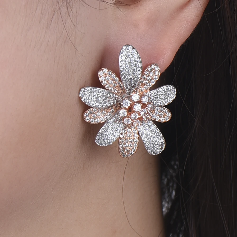 

LARRAURI 2019 Cubic Zirconia korean Inlaid Earrings Trendy Flower Stud Earrings For Women Statement Indian Wedding Party Jewelry