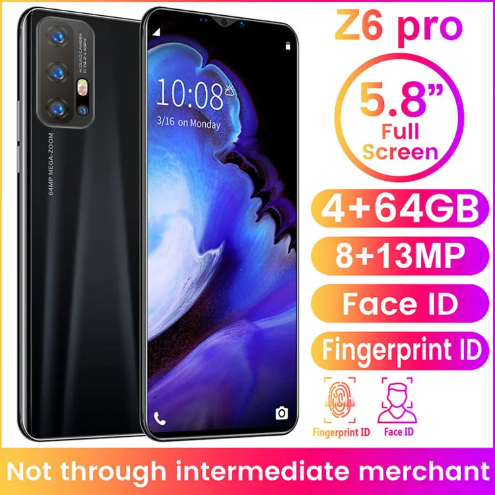 

Z6 Pro Smartphone 5.8 Inch Screen Smartphone 512M+4G Android Smartphone 3D Glass Plated Back Cover Black