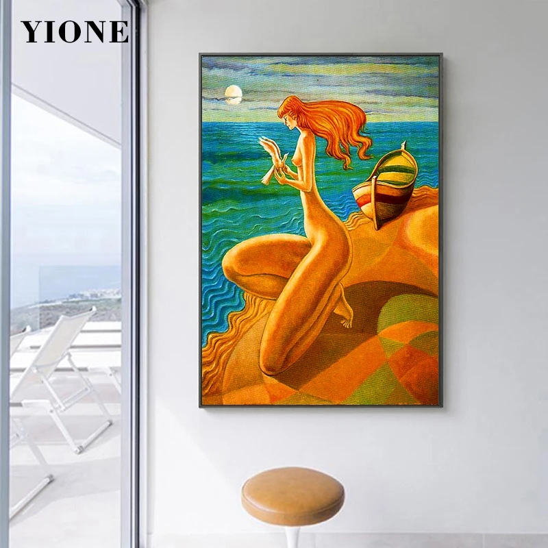 Sunset Beach Woman with Pigeon Oil Painting Custom Orange Blue Abstract Sea Sailboat Wall Art Poster Canvas Print Picture Decor | Дом и сад