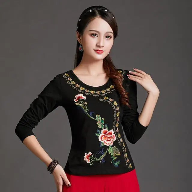 Женская Винтажная футболка с вышивкой черная Базовая из 100% хлопка длинным