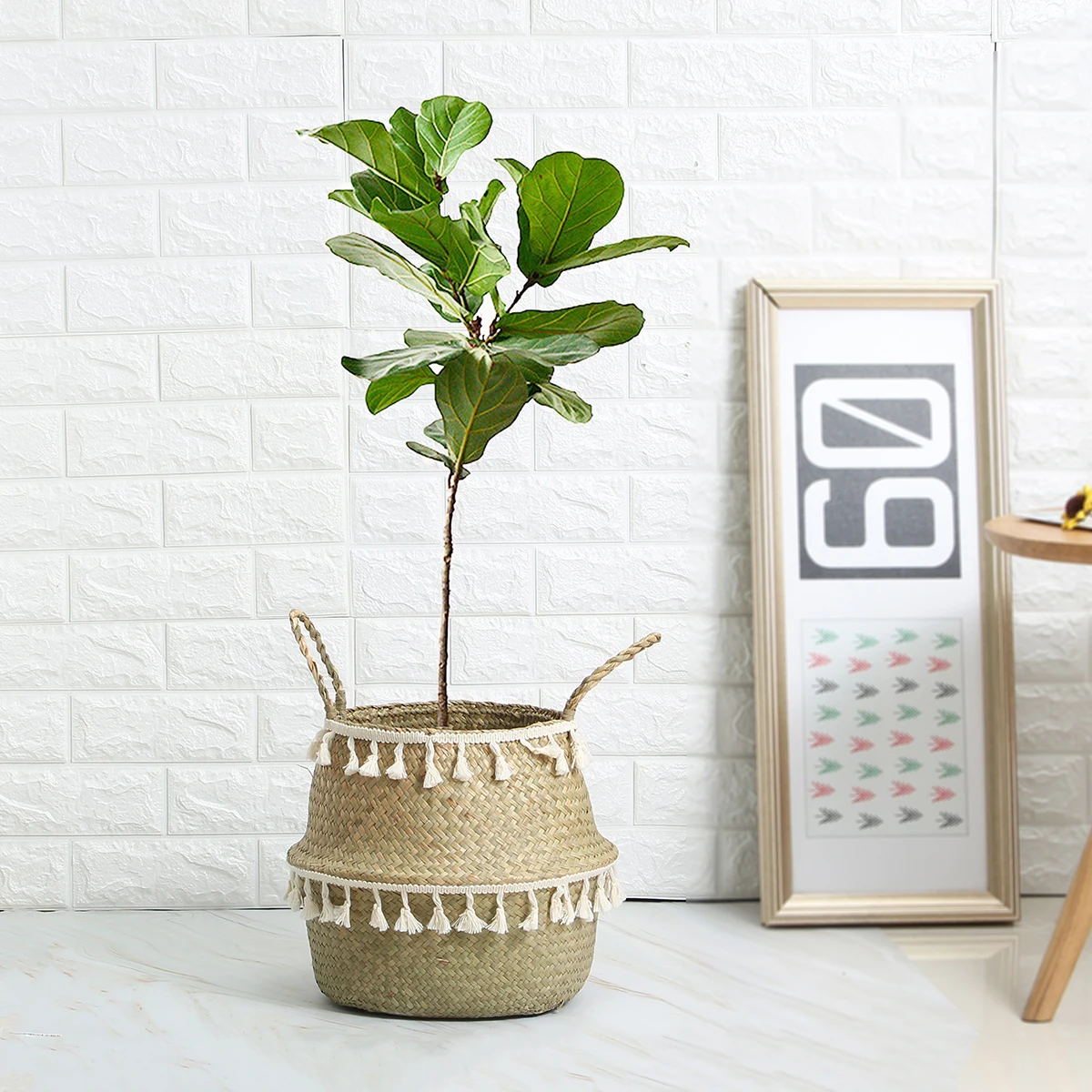 Handmade Bamboo Seagrass Wicker Storage Basket with White Tassel - Garden Flower Pot, Laundry Container, and Toy Holder image 3