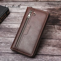 contacts genuine leather men wallet long card holder business male wallet clutch zipper large capacity passport cover purse