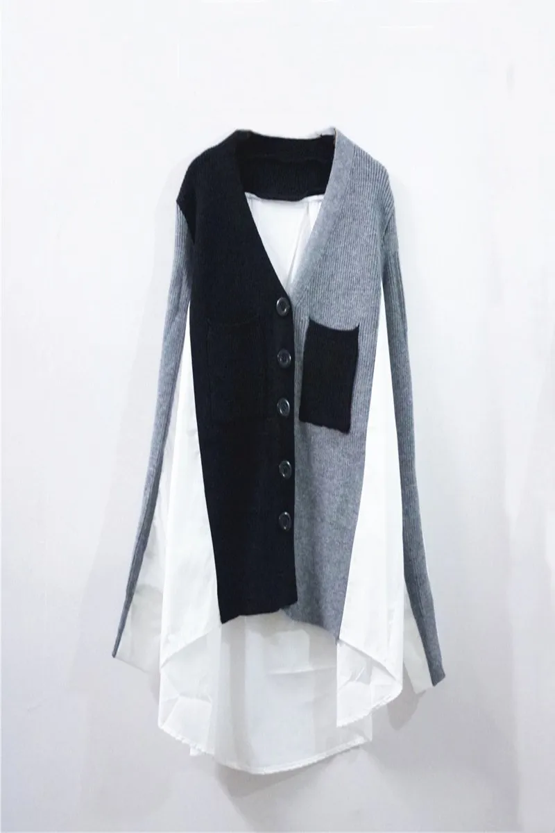 

SuperAen V-neck Full Knitted Cardigan Women's Spring Summer 2020 Design Fake Two-piece Shirt Hit Color Loose Sweater Jacket