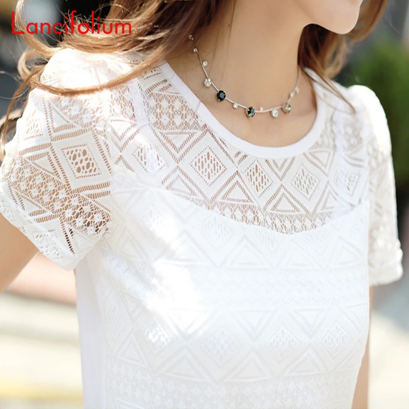 Lace White Chiffon Blouse Women Summer Korean Elegant mesh Shirt Ladies 2020 Vintage Casual Office Plus Size Sheer Tops Femme