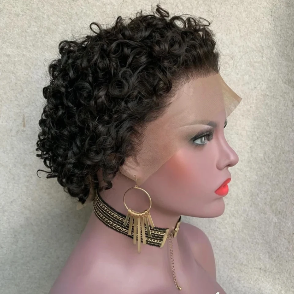 

Pixie Cut Wig Human Hair Curly Human Hair Wigs Short Bob Curly Wig 13X1 Transparent Lace Frontal Wig Water Wave Human Hair Wigs