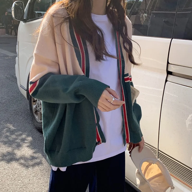 

Women Autumn Patchwork Cardigans V-Neck Sweaters Preppy Jacket Coats Button Up Casual Loose Fashion Knitted Tops Cardigan Female