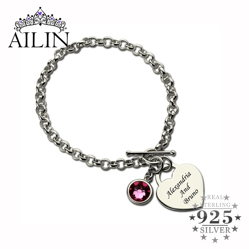 

AILIN Personalized Heart Birthstone Bracelet In Sterling Silver Names Lover Charm Bracelet You and Me Name Bracelet Love Jewelry