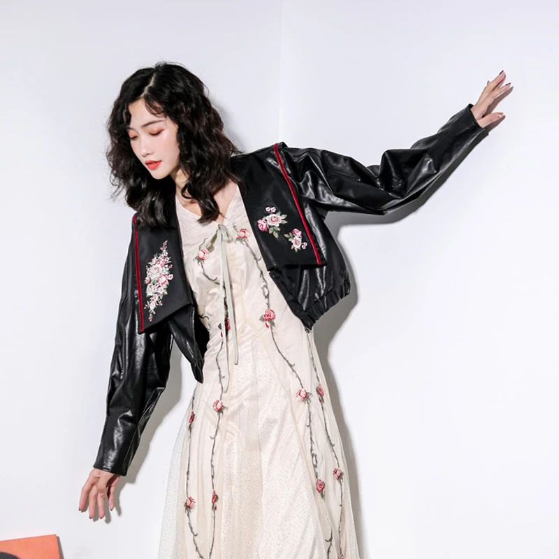 Fashion Women Floral Embroidered Soft Leather Jacket 2020 Spring Autumn Big collar Faux PU Coats Chic Black YNZZU 9O173 | Женская одежда