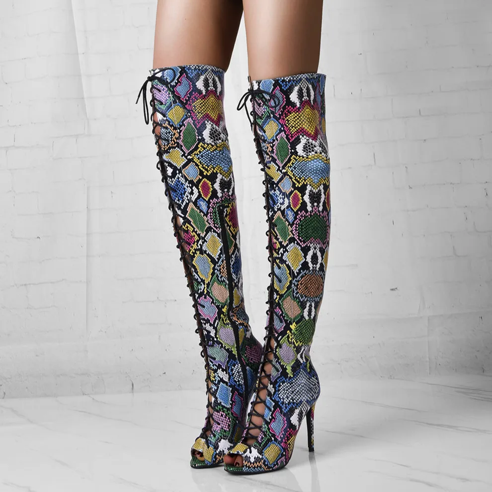 

Olomm Handmade Women Summer Over The Knee Boots Stiletto High Heel Boots Peep Toe Snake Pattern Casual Shoes Women US Size 5-15