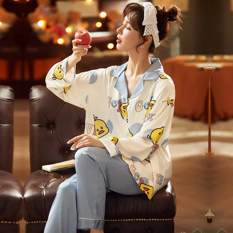 

Cute Kawaii Korean Duck Printed Autumn White Pajamas Button Up Pajama Set Thin Long Sleeve Pajamas Set Silk Satin Roomwear