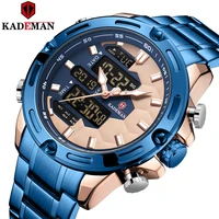 kademan new sport watch men dual display wristwatch mens fashion full stainless steel top brand quartz led blue gold male clocks