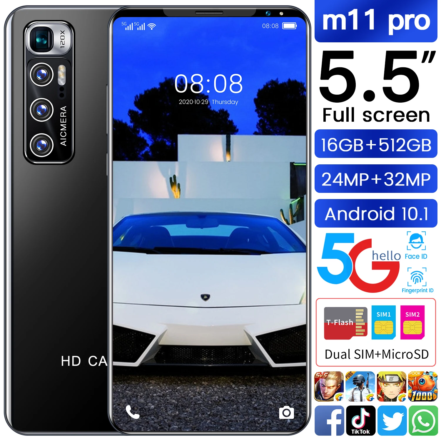 

Global Version M11 Pro Smartphone Cell Phone 5.5 Inch MTK6889 16GB+512GB 24M+32M 5600mAh 5G Network Mobile Phone Android 10