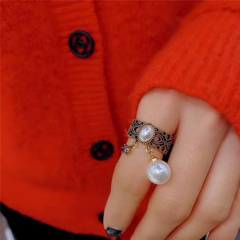 

Korean Vintage Pearl Pendant Rings For Women 2021 New Jewelry Personality Open Ring adjustable