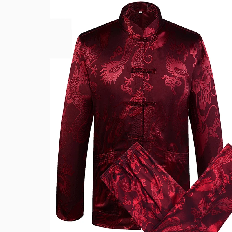 Gray Chinese Dragon Men's Tang Suit Sets Long Sleeve Shirt Long Pants Dragon Kung Fu Suit High Quality Silk Wu Shu Tai Chi Sets - Цвет: B red