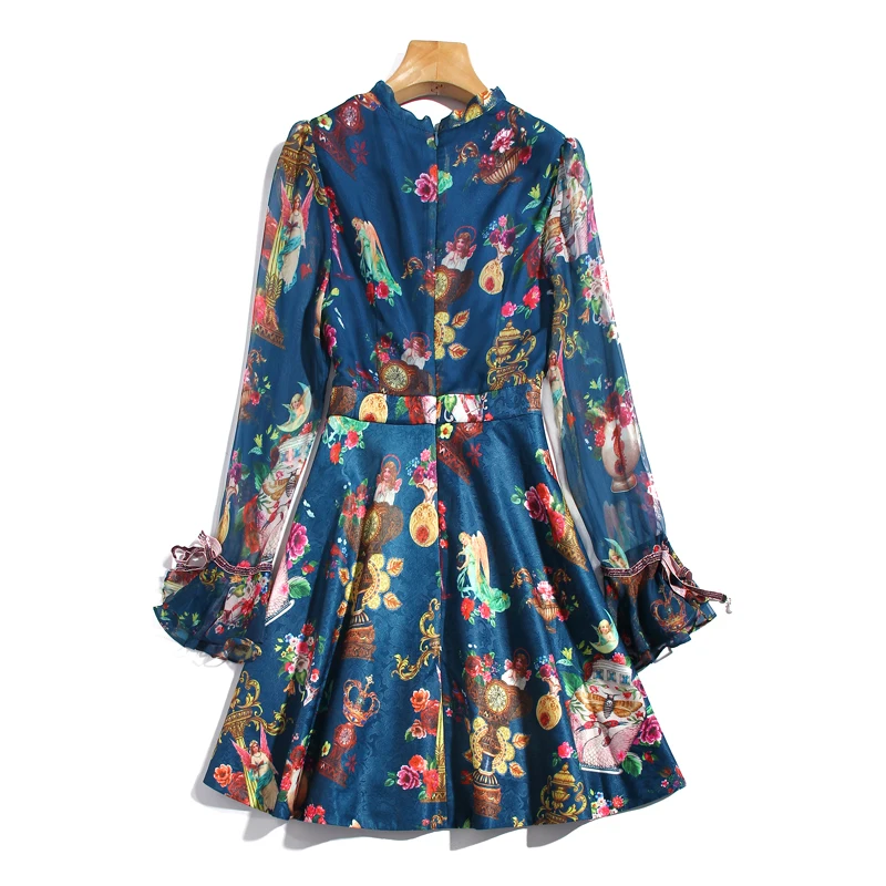 

Spring Autumn Designer Fashion High Quality Women Holiday Party Chiffon Flare Sleeve Patchwork Vintage Elegant Print Mini Dress