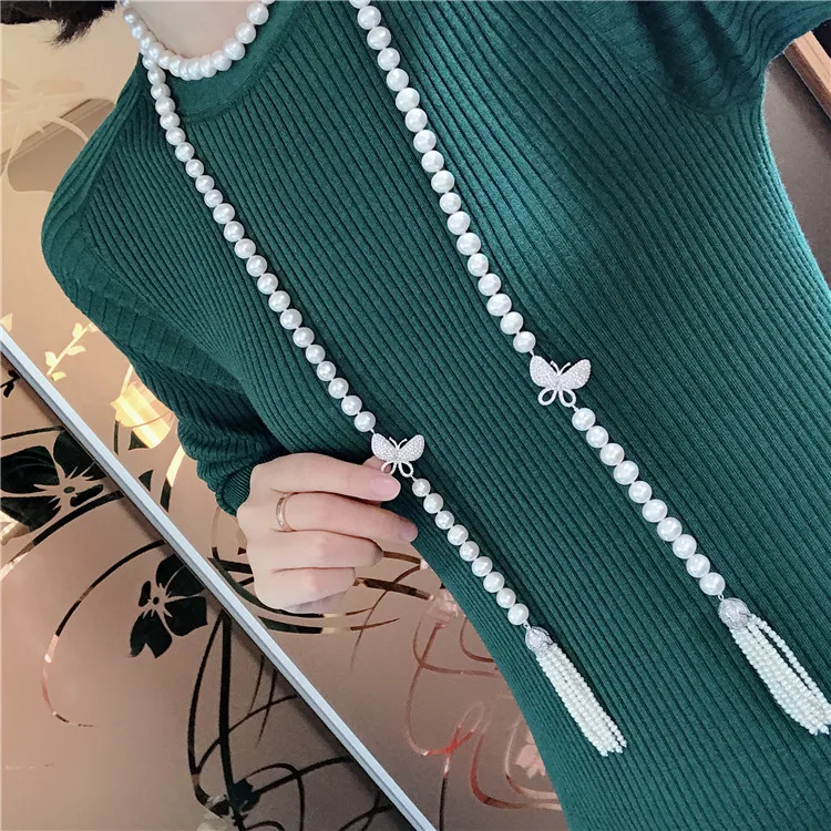 Women's fashion jewelry micro inlaid zircon butterfly accessories  freshwater pearl necklace tassel pendant long sweater chain