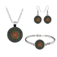 vintage buddhism mandala om jewelry set cabochon glass pendant necklace earring bracelet totally 4 pcs for womens creative gift