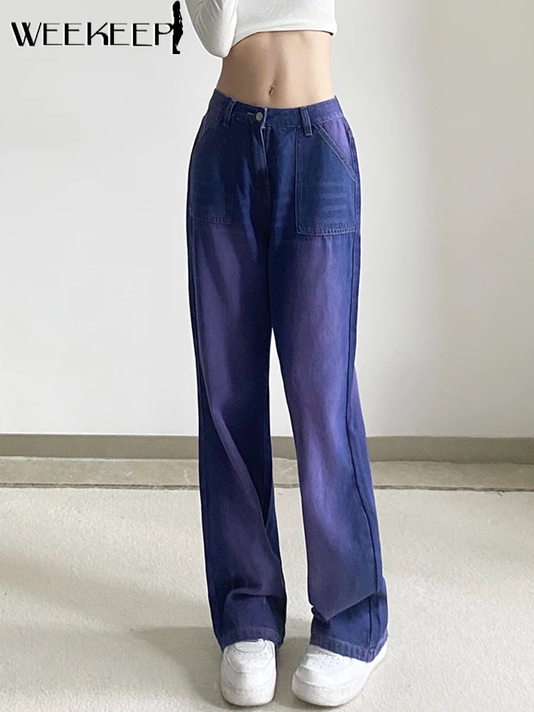 

Женские джинсы с завышенной талией Weekeep, фиолетовые повседневные мешковатые прямые джинсовые брюки Y2k Harajuku, 90s Femme