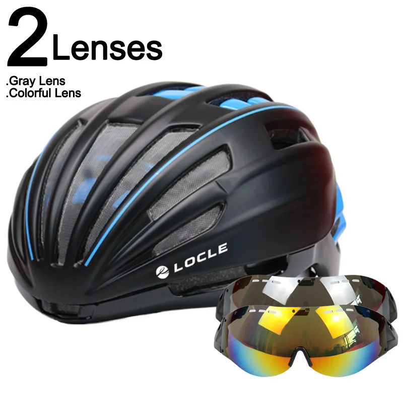 LOCLE 280 г очки, велосипедный шлем, сетка от насекомых, дорожный горный MTB велосипедный шлем с линзой, шлем для велосипеда, Casco Ciclismo - Цвет: Black Blue 2 Lenses