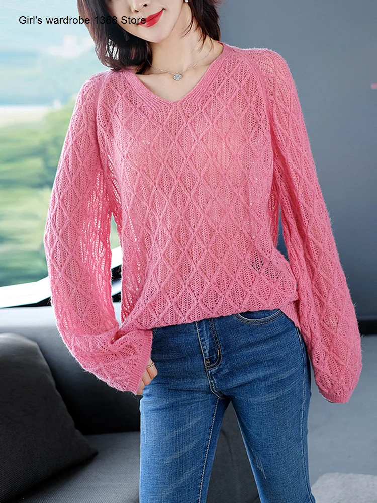 

Slouchy style loose V-neck cover up coat spring 2020 new large women's hollow out T-shirt fat top