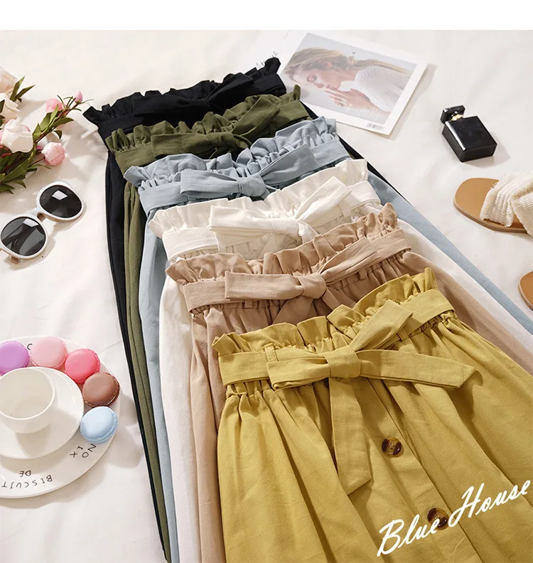 

JHBeute New Fashion Casual Slim Student Summer Skirt with High Waist Single Breasted Bow Button Solid Color A-shaped Knee Skirt