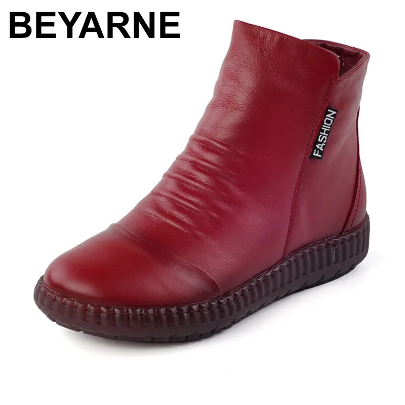 

BEYARNE Fashion Winter Plus Velvet Leather Mother Shoes Women Boots Round Head Thick Bottom Waterproof Leather Woma Knight Boots