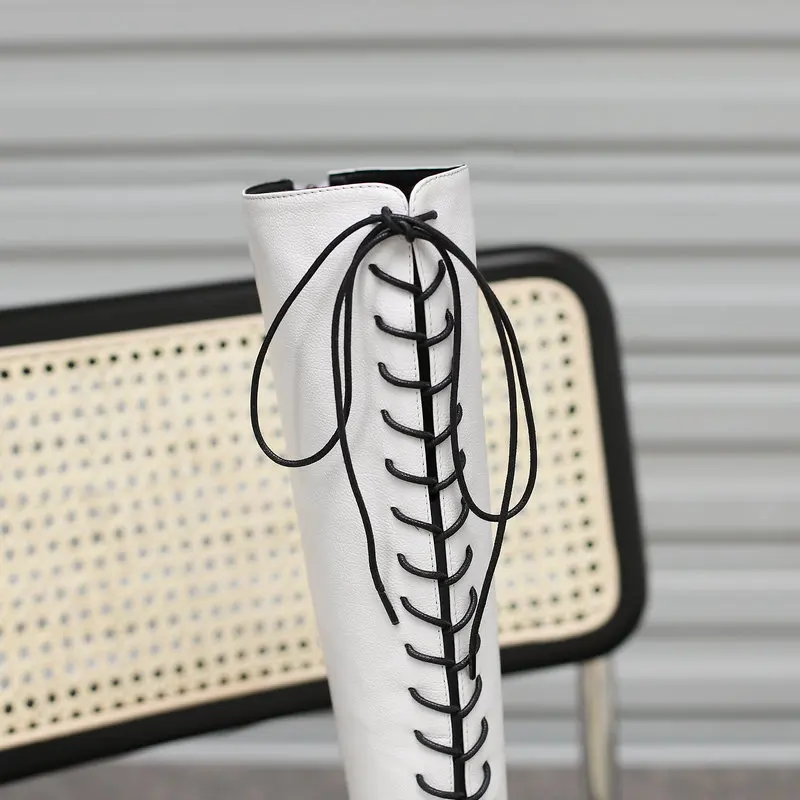 

2021 Retro Square Toe Women Knee High Boots Platform Thick High Heel Zipper Long Boots Cross Tied Autumn Winter Women Shoes