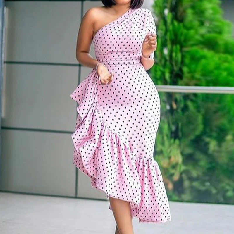 

Women Sexy One Shoulder Irregular Pink Dresses Print Polka Dot Big Size High Waist Ruffles Midi Length Summer Event Club Dress