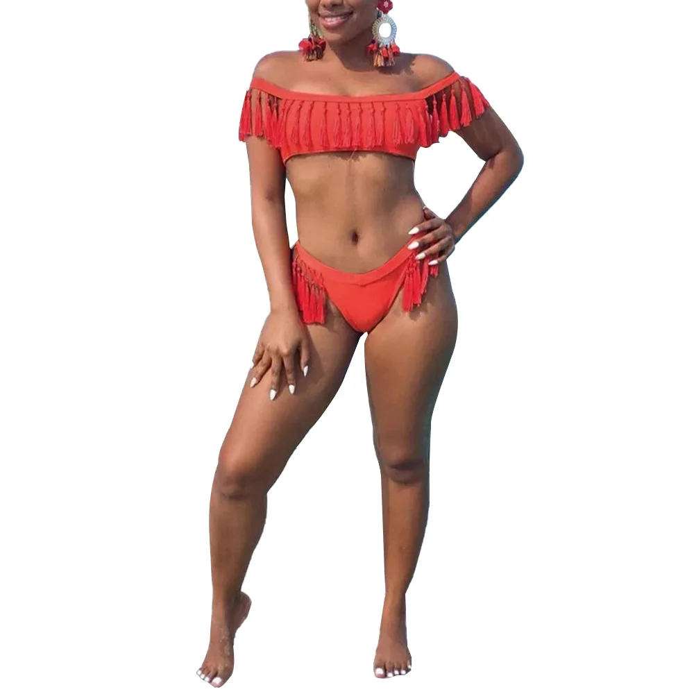 

2021Summer New 2-piece High Waist European Stylish American Women's Bikini Solid Color Fringed Split Swimsuit Tassel Lady Bijini