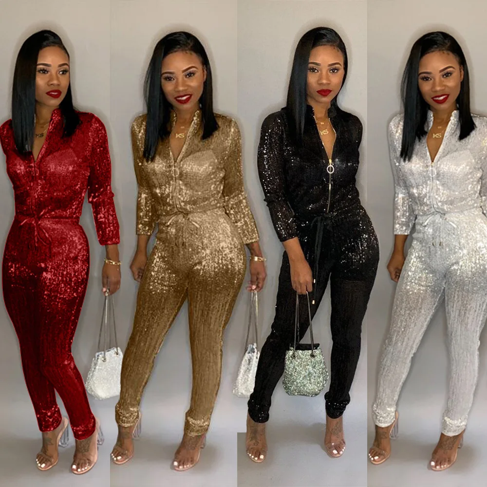 

OMILKA Front Zipper Sequin Rompers and Jumpsuits 2019 Autumn Winter Women Long Sleeve Bodycon Club Party Shiny Bling Overalls