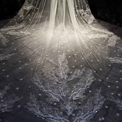 

Luxury Long Cathedral Bridal Veil 4Meters Lace Appliqued Wedding Dress Accessories Mariage Bridal Headwear Velos De Novia
