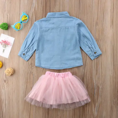 Модный костюм для маленьких девочек джинсовая рубашка с длинными рукавами и