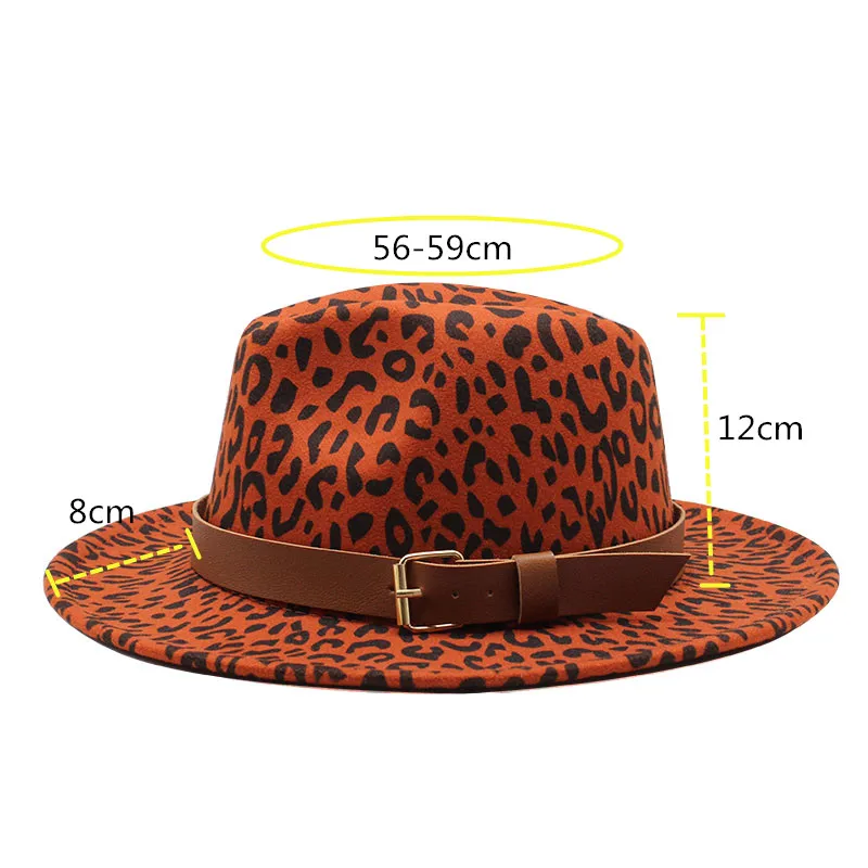 Seioum Unisex Flat Brim Wool Felt Jazz Fedora Hats Men Women Leopard Grain Leather Band Decor Trilby Panama Formal Hats