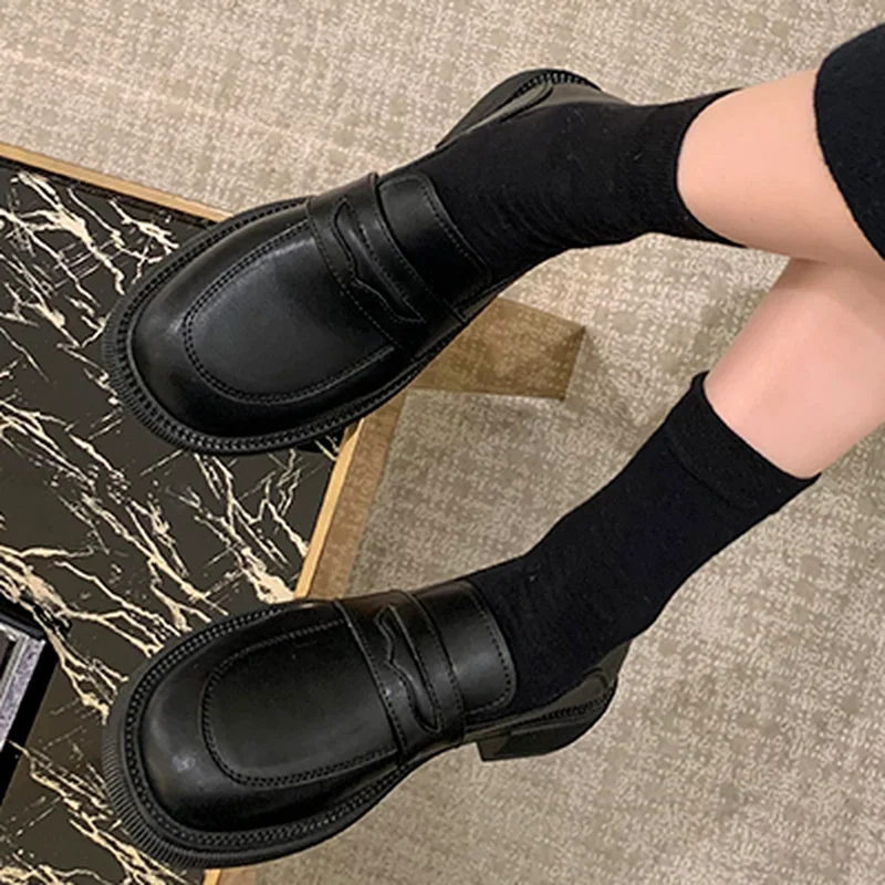 

Round Head Loafers Pu Leather Square Heel Women's Flat Shoes 2021 Autumn New Fashion Platfrom Low Heel Women's Casual Shoes