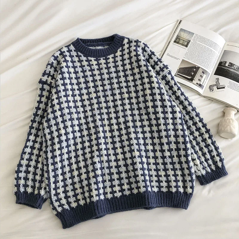 

Women's Plaid Sweater 2020 New Auutmn Winter Long Sleeved Loose Korean Oversized Pullover Tops Woman Vintage Knitted Sweaters