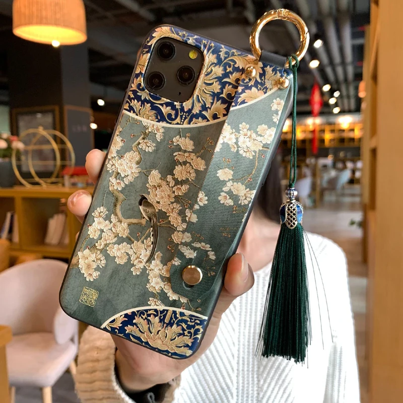 Beauty 3D Emboss Phone Case for iPhone 11 12 13 14 Pro MAX X XS MAX XR 8 7 6 6s Plus X Soft Back Cases Wrist Strap Tassel Cover
