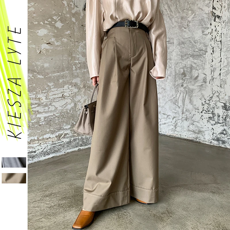 

Vintage women wide leg pants high waist 2020 spring summer new retro office lady khaki grey long pants femme trousers