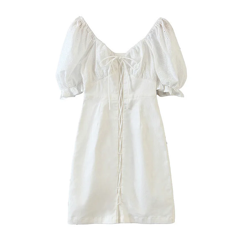 

Lace and lace up waist shows thin, hip wrapped sexy white temperament short French dress Women Dress Elegant